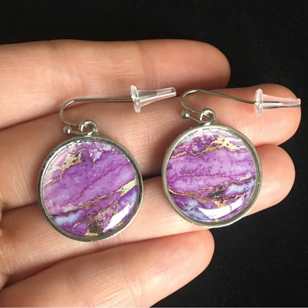 Purple Marble Like Art Dangle Fashion Earrings